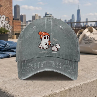 Retro Casual Halloween Ghost Dog Washed Baseball Cap
