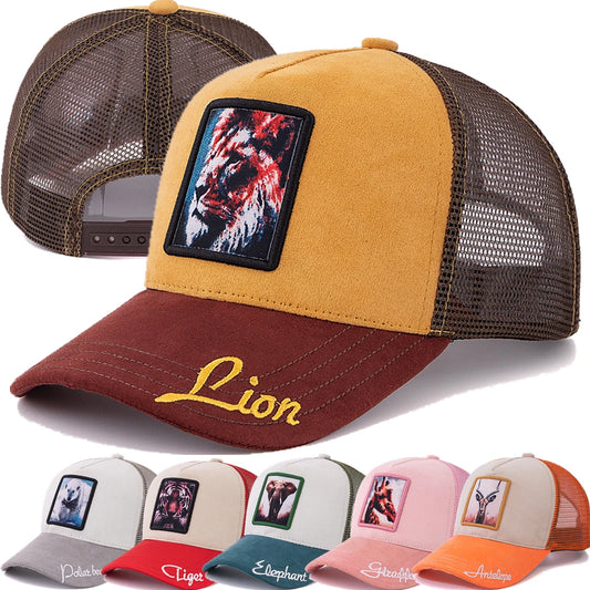 Mesh Cap Lion Pattern Patch Design Suede Hat Animal Baseball Cap