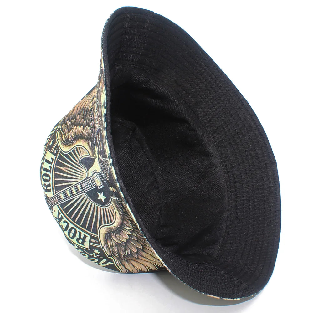 Rock Roll Letters Guitar Print Bucket Hat Double Sides Fisherman Hat Panama Cap