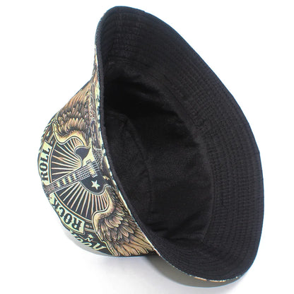 Rock Roll Letters Guitar Print Bucket Hat Double Sides Fisherman Hat Panama Cap
