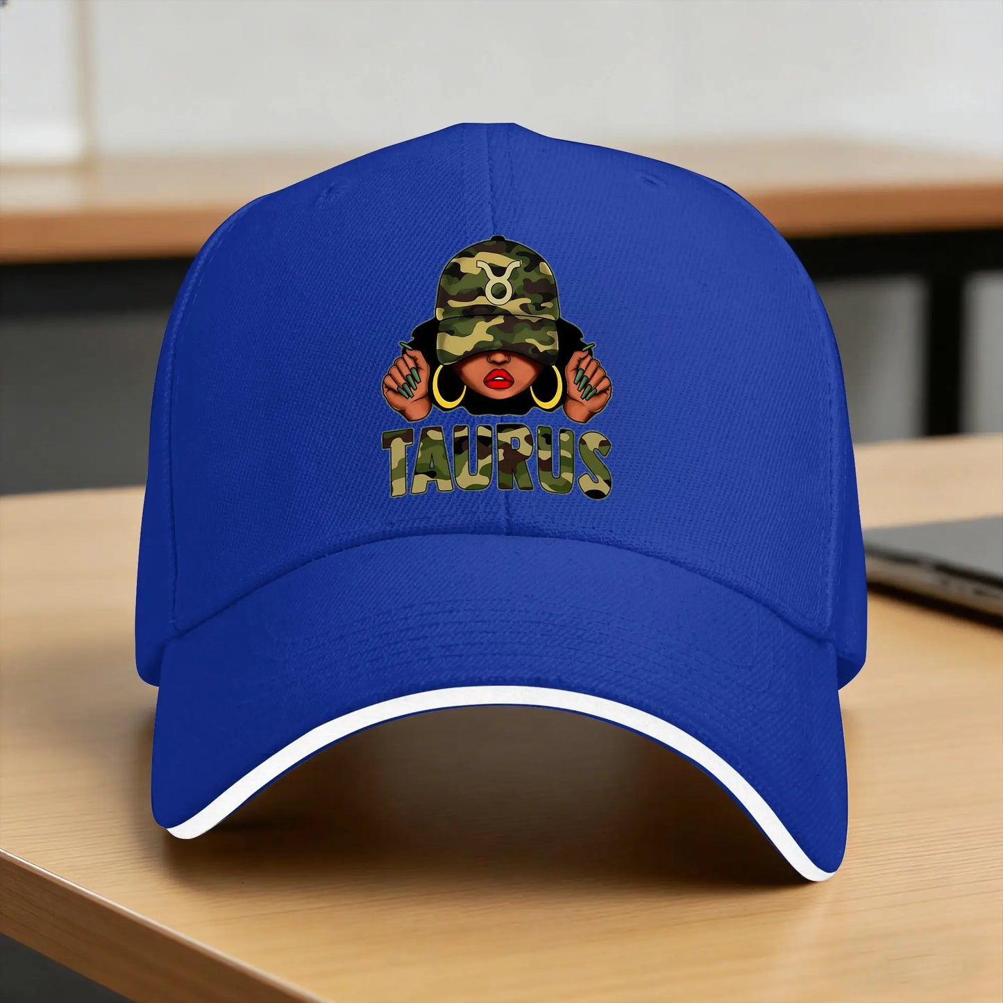 Taurus Queen Black Woman with Cap Camo Sun Baseball Cap