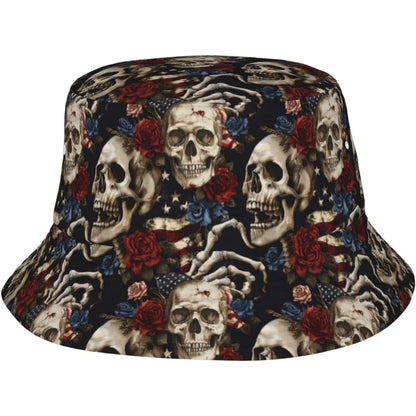 American Flag Skull and Roses Bucket Hat