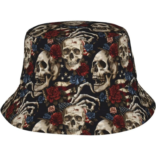 American Flag Skull and Roses Bucket Hat