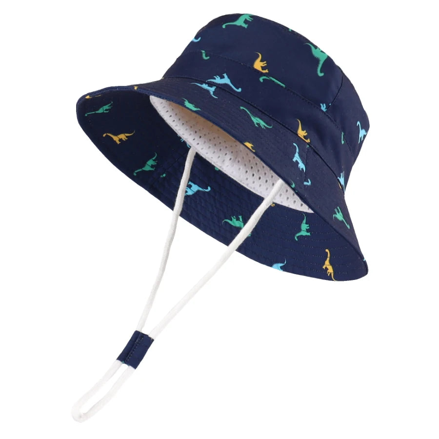 Dinosaur Wide Brim Summer Outdoor Hat Cotton Bucket Hat With Chin Strap