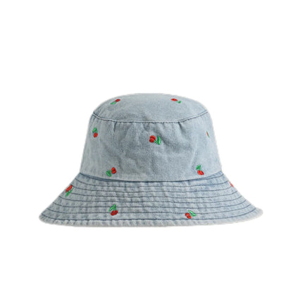 Spring Summer Strawberry Embroidery Denim Jeans Bucket Hat For Men Women