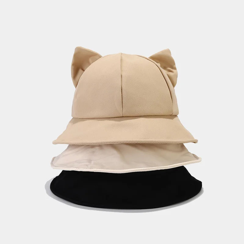 New Cartoon Cat Ear Bucket Hat Cap For Girl Sun Hat Women Korean