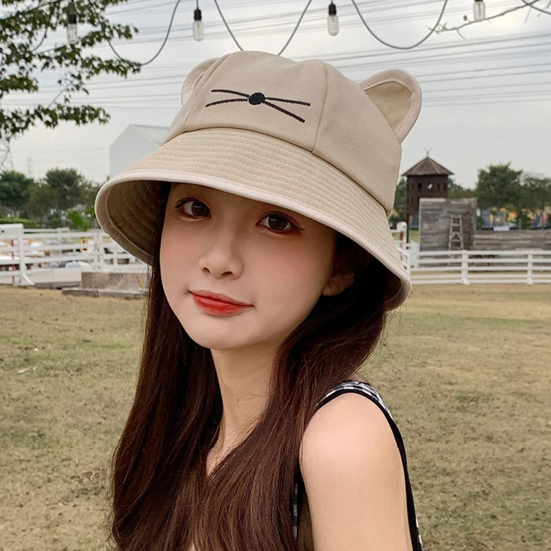 Korean Cartoon Cat Ears Women Bucket Hat