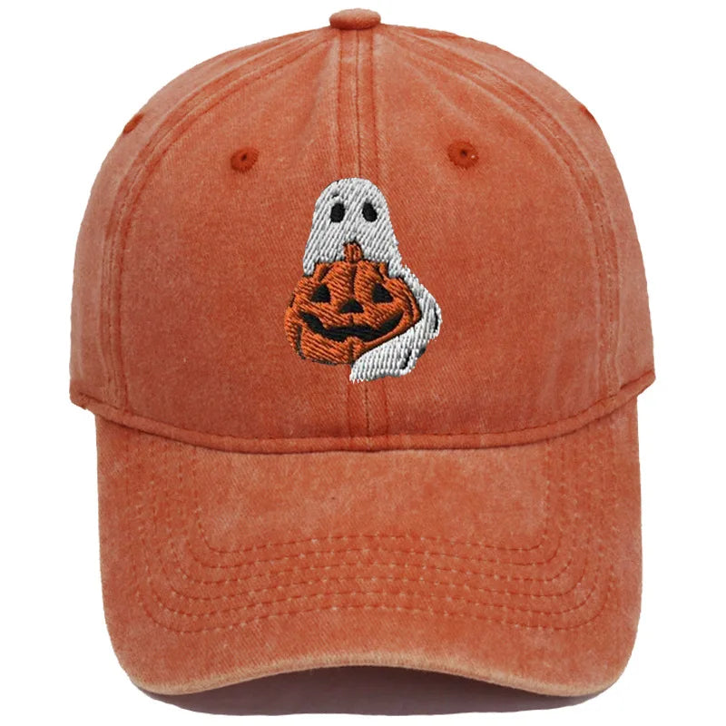 Vintage Washed Ghost Wrapping Pumpkin Embroidery Baseball Cap