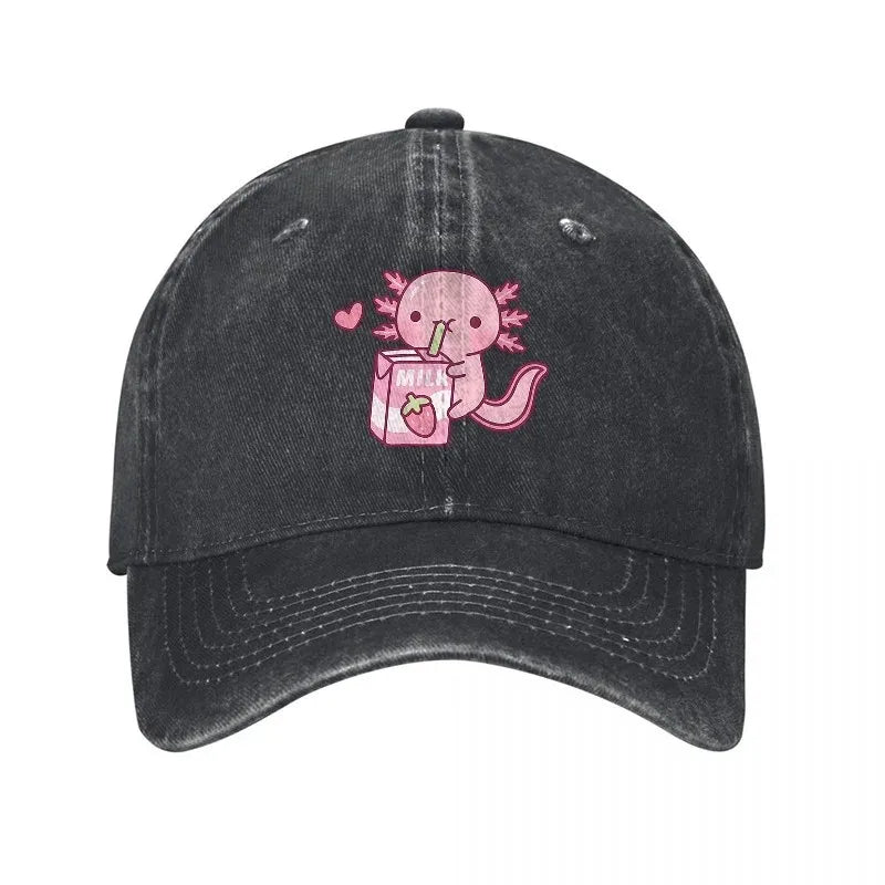 Cute Axolotl Drinking Milk Washed Denim Baseball Cap