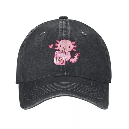 Cute Axolotl Drinking Milk Washed Denim Baseball Cap