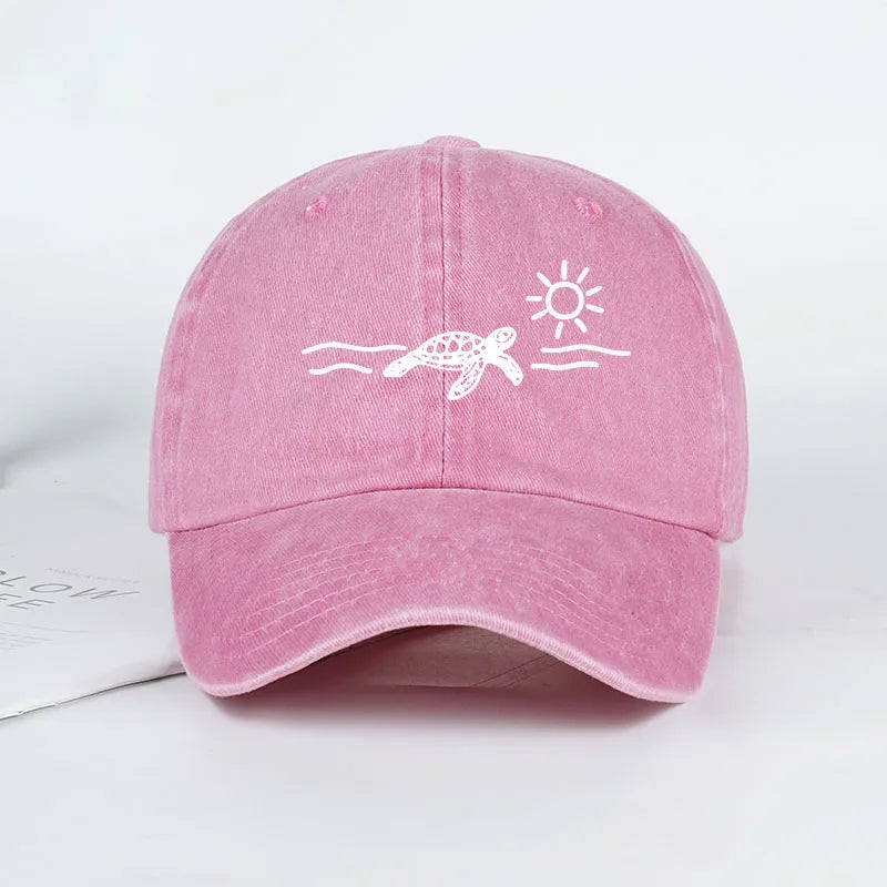 Vintage Washed Baseball Cap With Turtle