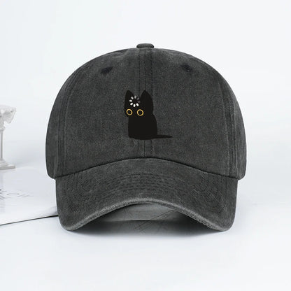 Cute Black Cat Print Washed Baseball Cap