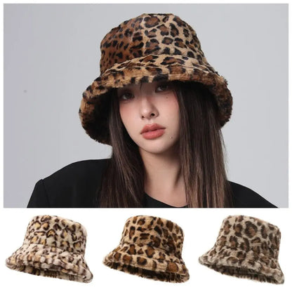 Versatile Korean Style Leopard Print Bucket Hat Winter Warm Hat For Girls