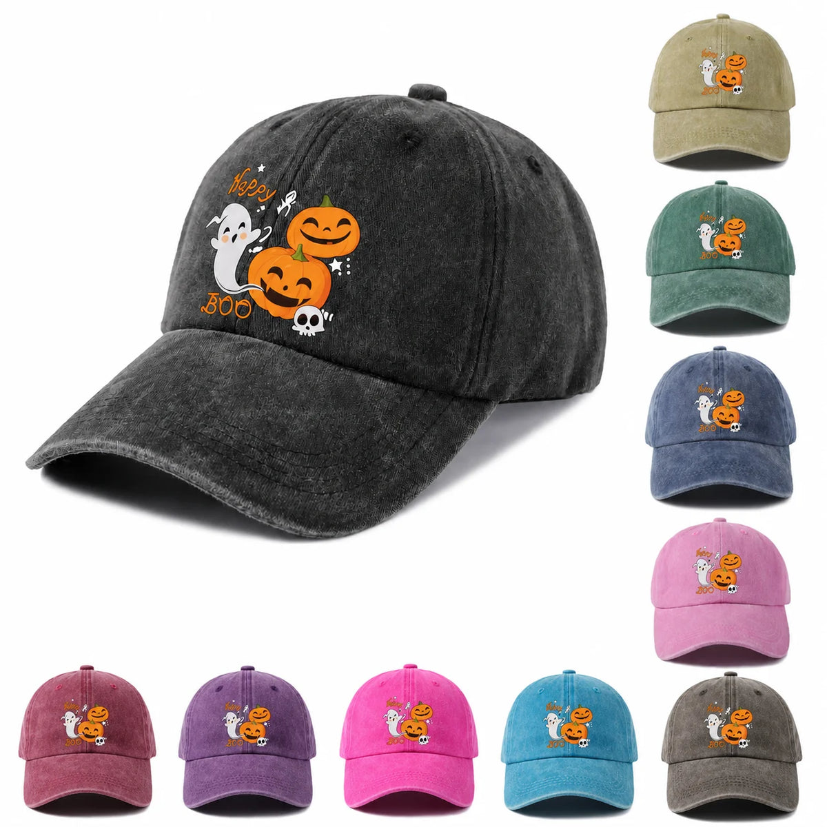 Vintage Washed Happy Boo Pumpkin Ghost Graphic Baseball Cap