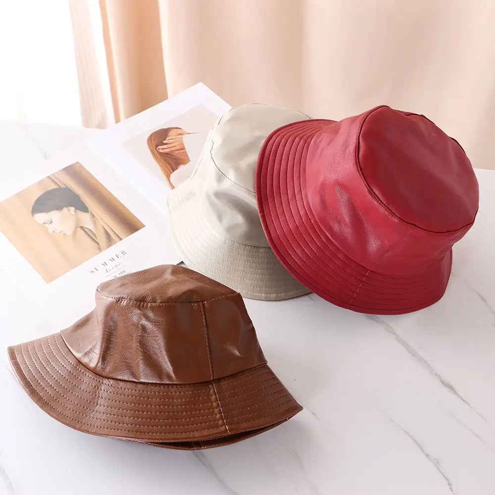 Fashion Bucket Hat PU Leather Fishing Cap Hiking Hat Hip-Hop Hat For Women and Men