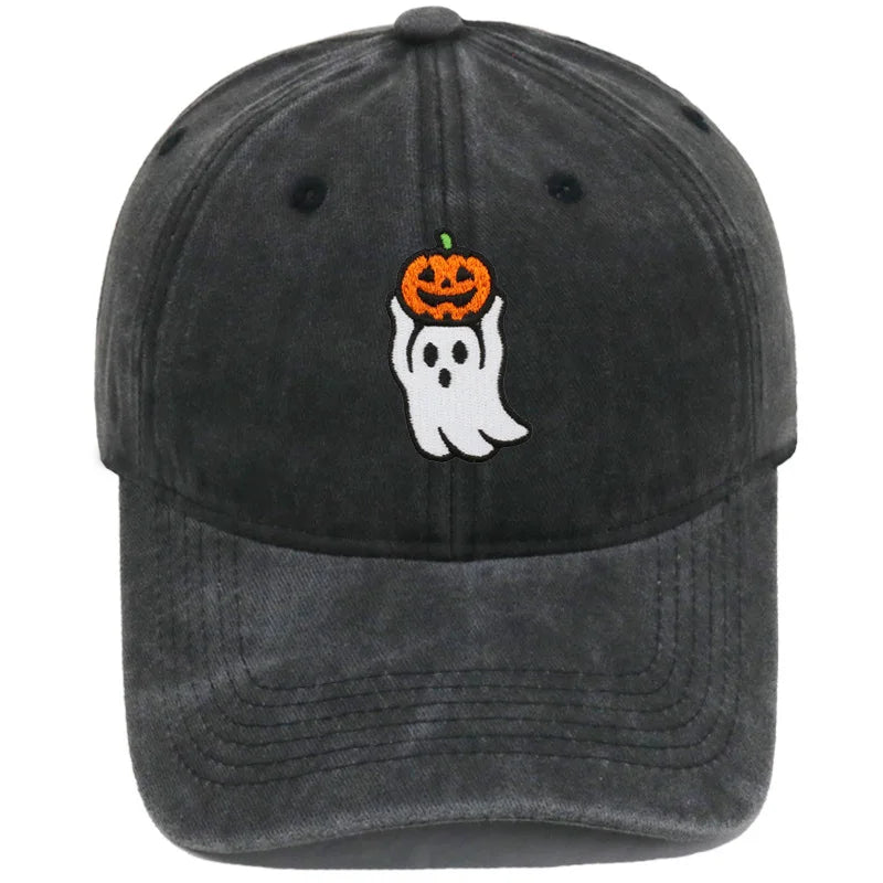 Vintage Washed Cute Ghost Holding Pumpkin Embroidery Baseball Cap