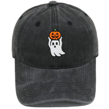 Vintage Washed Cute Ghost Holding Pumpkin Embroidery Baseball Cap