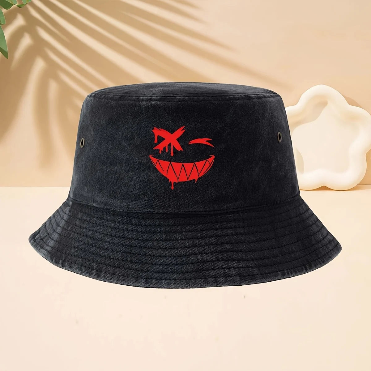 FiFunny Smiley Face Pattern American Retro Dark Funny High Street Style Bucket Hat