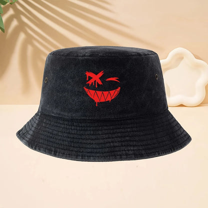 FiFunny Smiley Face Pattern American Retro Dark Funny High Street Style Bucket Hat