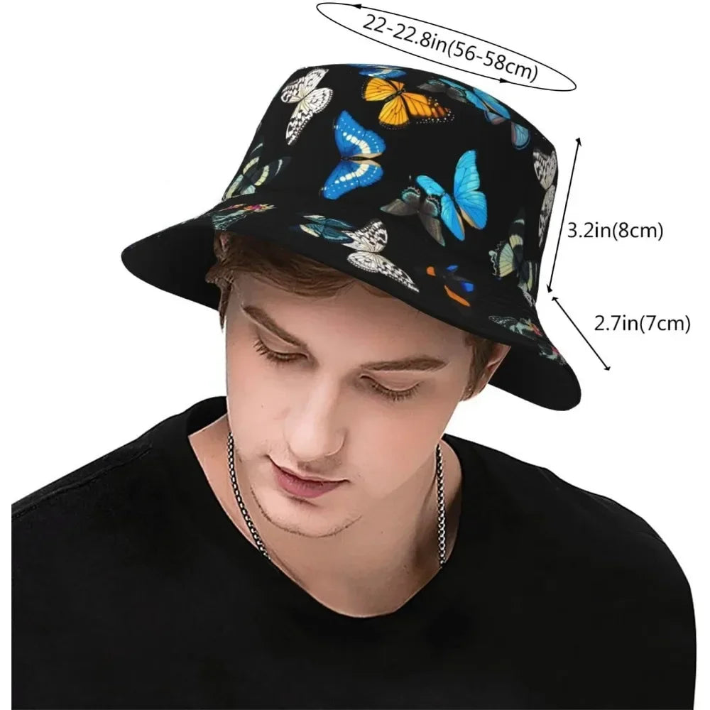 Black Fisherman Cap Hip Hop Summer Unisex Butterfly Printing Bucket Hat
