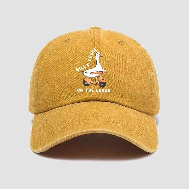 Skateboarding Duck Print Washed Baseball Cap