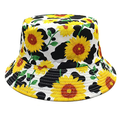 Women's Reversible Cow Print Sunflower Flower Print Bucket Hat