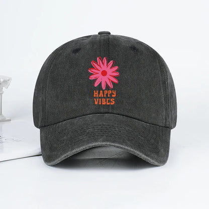 Happy Vibes Floral Print Washed Baseball Cap
