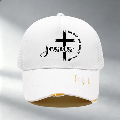 Christian Jesus Cross Print Color Block Mesh Baseball Cap