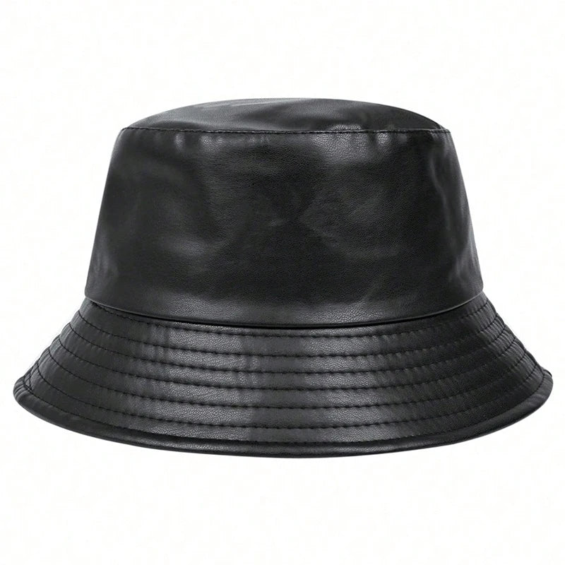 Unisex PU Leather Label Mountain Stamp Range Bucket Hats Fishermen Caps