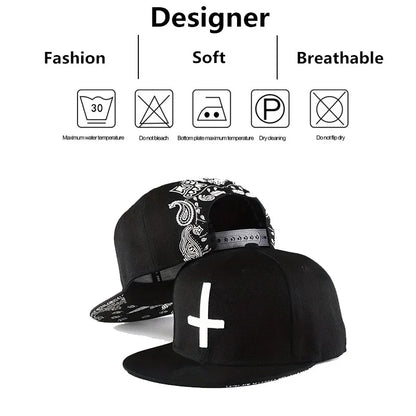Unisex Flat Cross Embroidery Hip-Hop Hats Spring Autumn Adjustable Snapback Caps