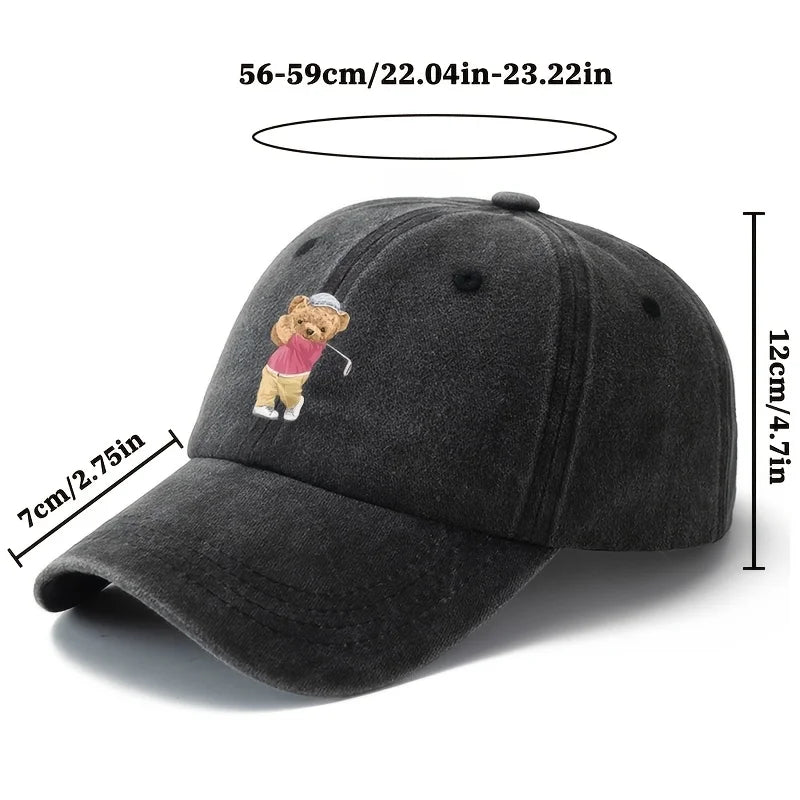 Playful Bear Print Vintage-Washed Cotton Baseball Hat
