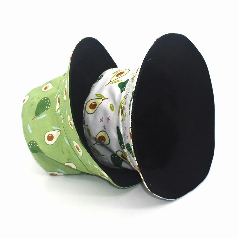Unisex Avocado Print Bucket Fisherman's Hat Korean Style Reversible Basin Hat Boys & Girls