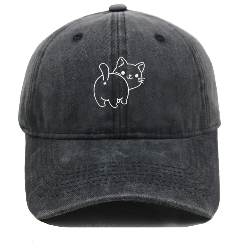 Cute Cat Butt Embroidered Washed Baseball Cap