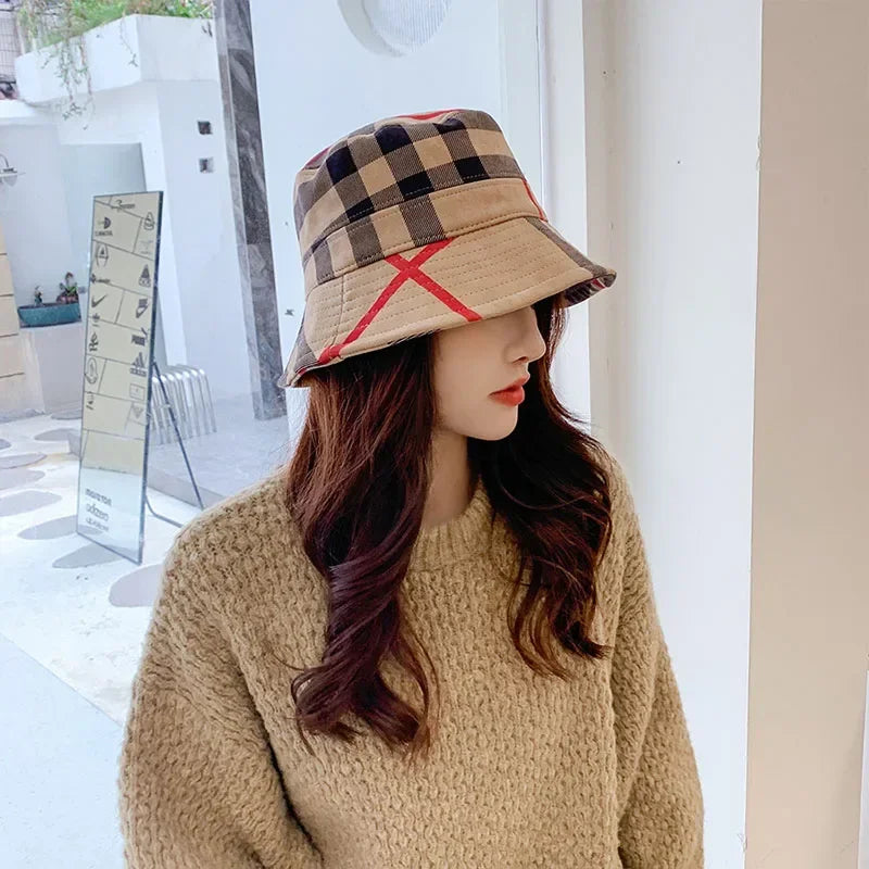 Women Bucket Hats Foldable Plaid Pattern Sun Hats Japanese Casual Winter Warm