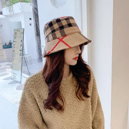 Women Bucket Hats Foldable Plaid Pattern Sun Hats Japanese Casual Winter Warm