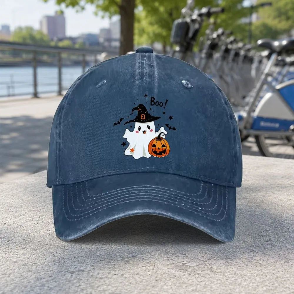 Lovely Boo Ghost Witch Pumpkin Bat Print Washed Baseball Cap