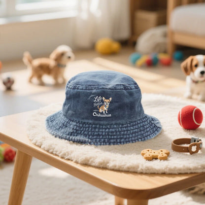 Chihuahua Lover Washed Bucket Hat Vintage Cute Dog Pattern Distressed Cotton