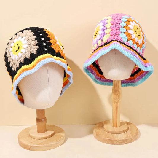 Autumn/Winter Retro Hollow Flower Handmade Knitted Bucket Hat