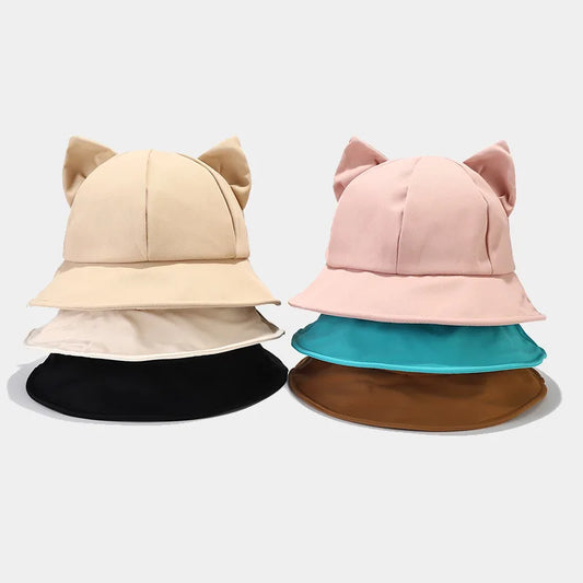 New Cartoon Cat Ear Bucket Hat Cap For Girl Sun Hat Women Korean