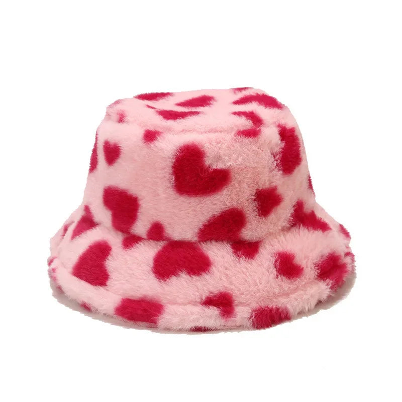 Winter Heart Print Faux Fur Fluffy Bucket Hat Women Outdoor Warm Hats