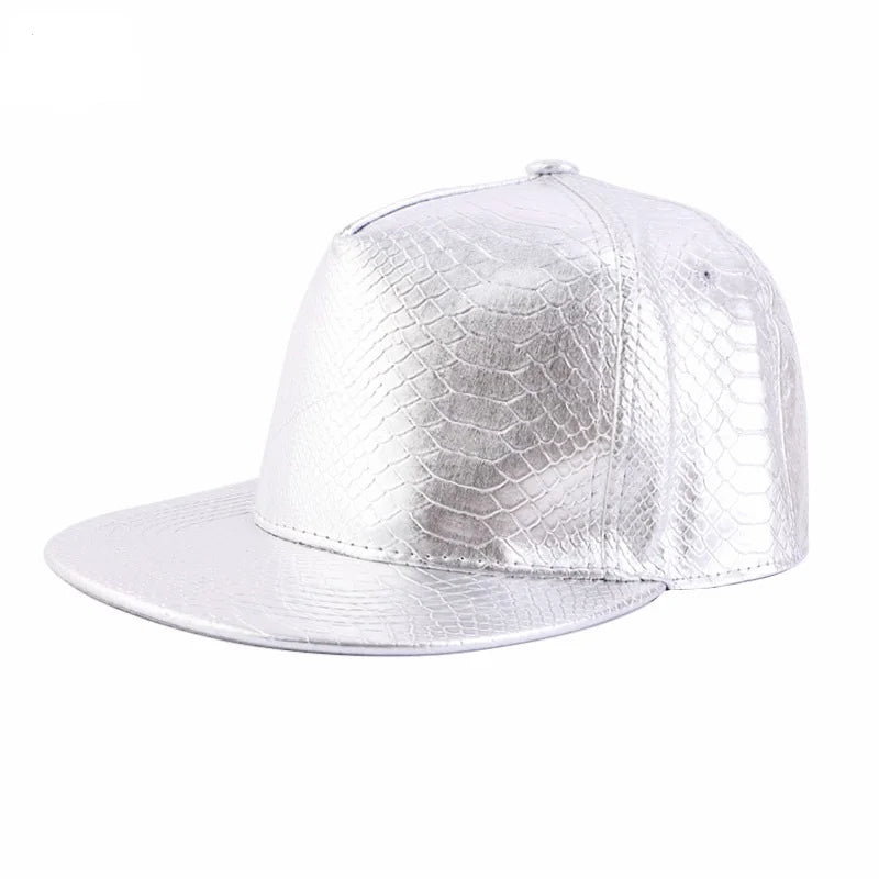 Solid Color Shiny Crocodile Leather Pattern PU  Flat Edge Snapback Cap