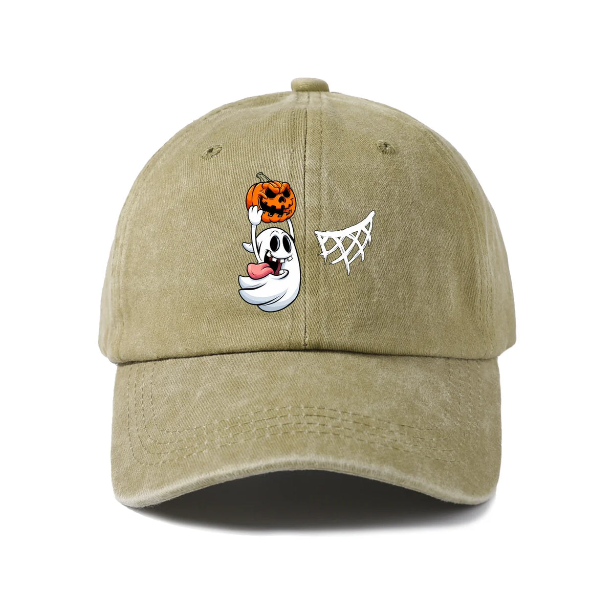 Vintage Washed Ghost Pumpkin Spider Web Graphic Baseball Cap
