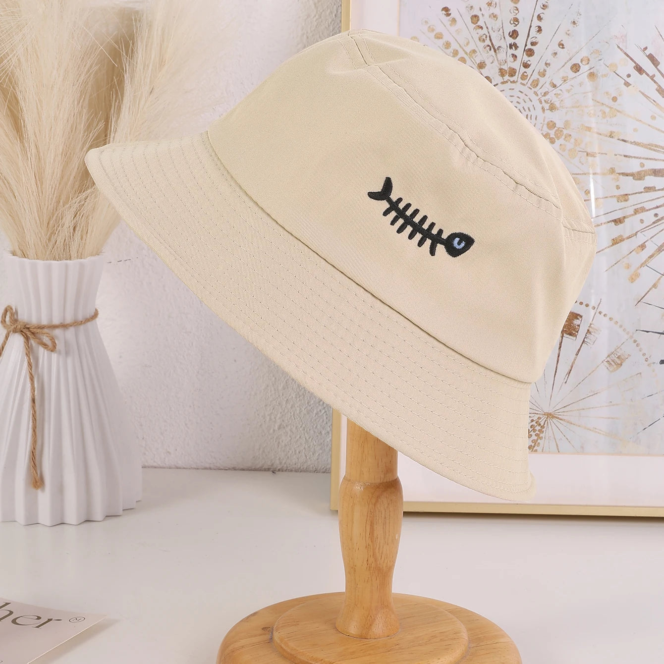 Cross-Border Simple Embroidered Fishbone Wide-Brimmed Fisherman's Hat