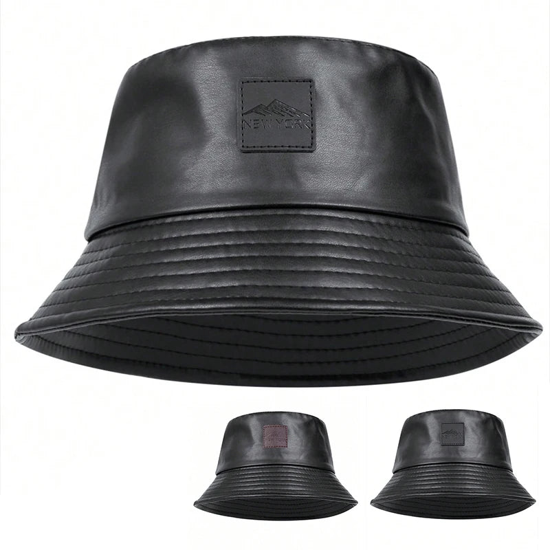 Unisex PU Leather Label Mountain Stamp Range Bucket Hats Fishermen Caps