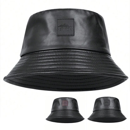 Unisex PU Leather Label Mountain Stamp Range Bucket Hats Fishermen Caps