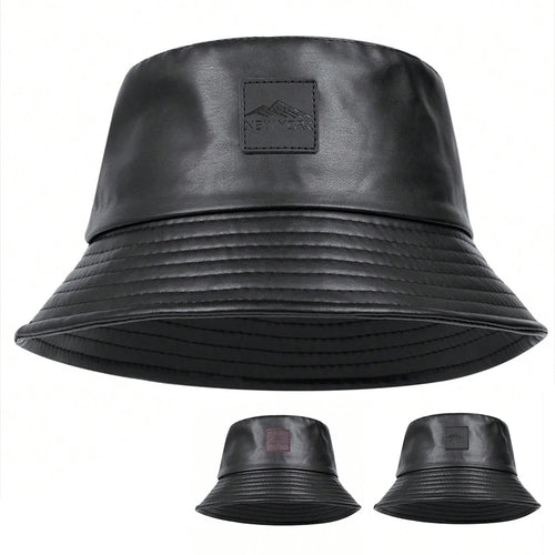 Unisex PU Leather Label Mountain Stamp Range Bucket Hats Fishermen Caps