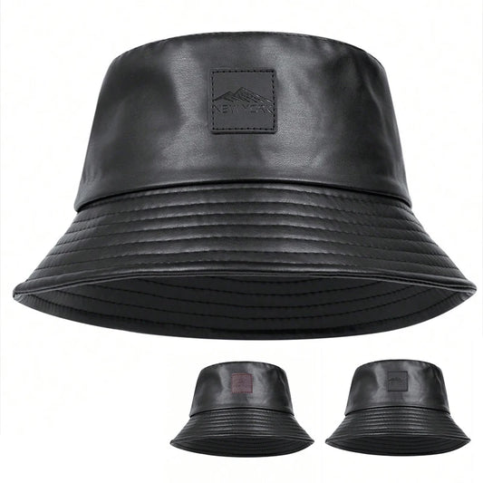 Unisex PU Leather Label Mountain Stamp Range Bucket Hats Fishermen Caps