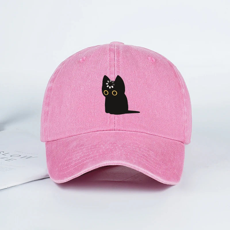 Cute Black Cat Print Washed Baseball Cap