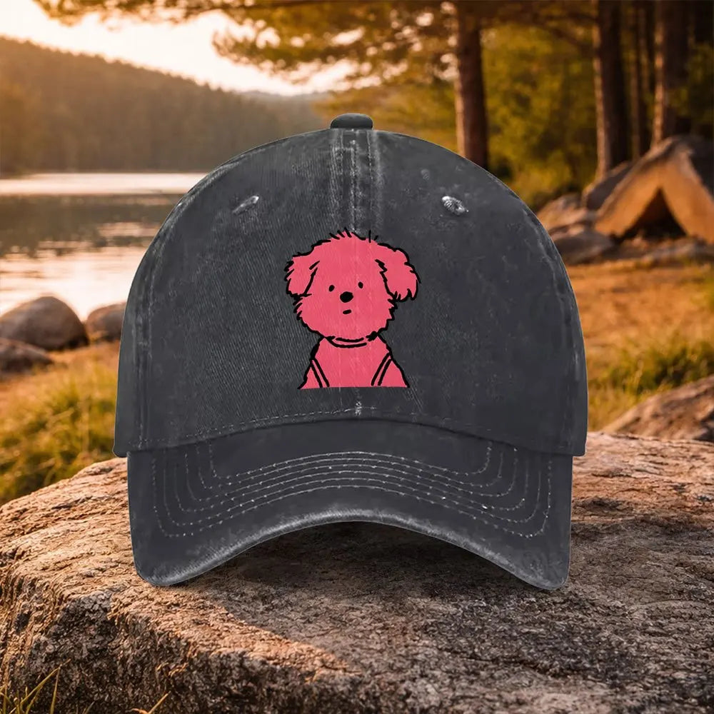 Casual Versatile Pink Puppy Doodle Print Washed Baseball Cap