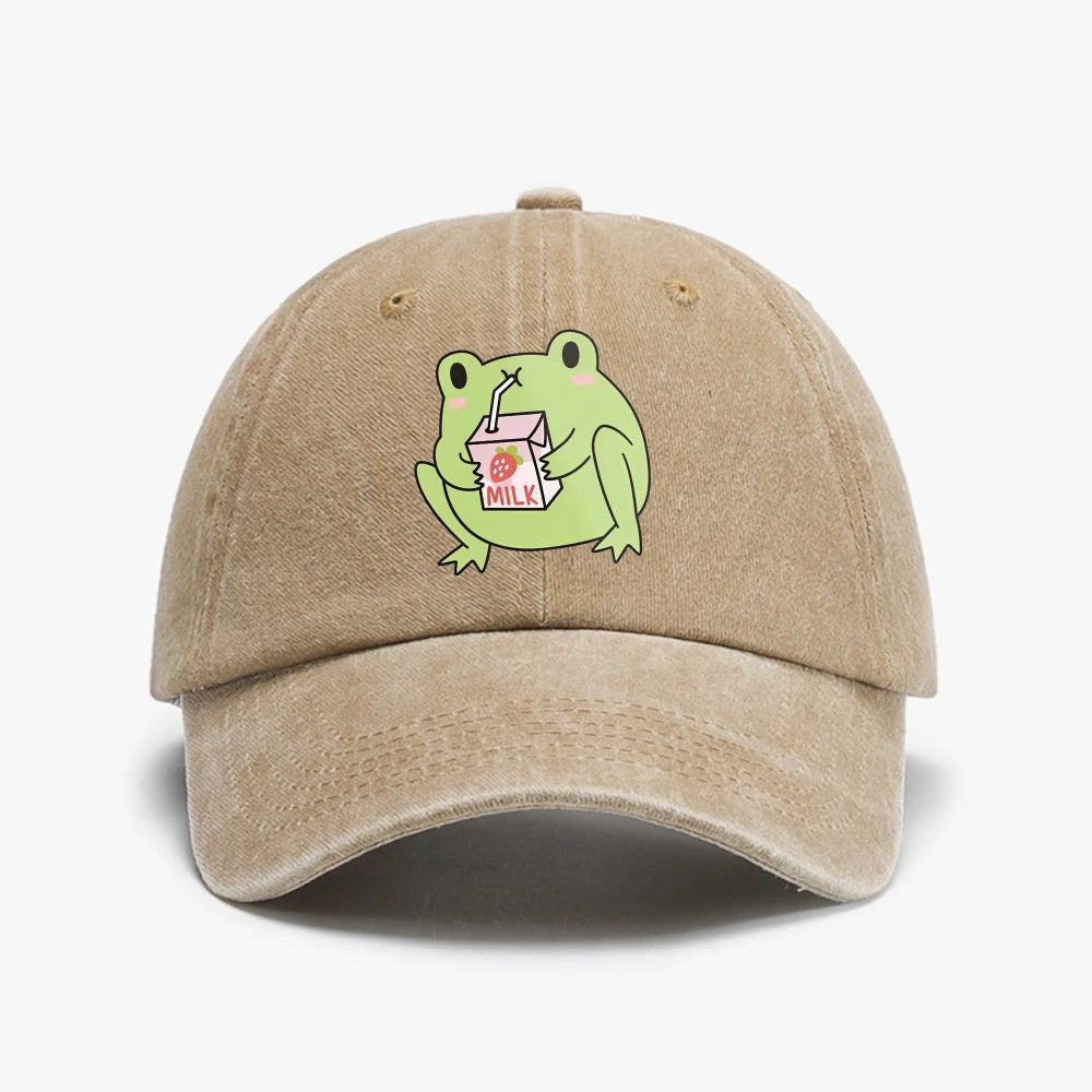 Cute Strawberry Milk Frog rint Washed Baseball Cap